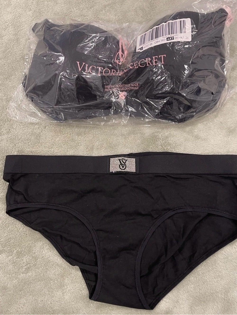 Victoria's Secret Black Longline Bra and panty set with Rhinestone Accent NWT